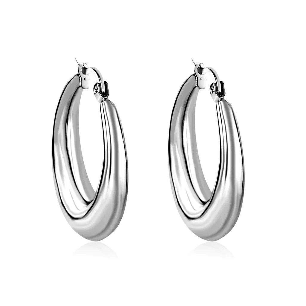 Bold Silver-Toned Hollow Oval Hoop Earrings
