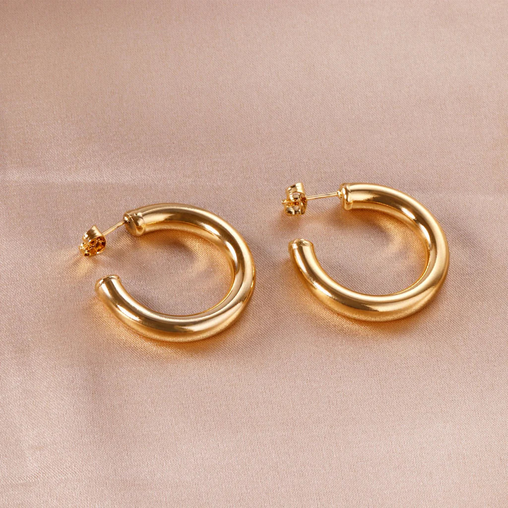 Bold Gold-Toned Hoop Earrings (Hollow Circular, Open C)
