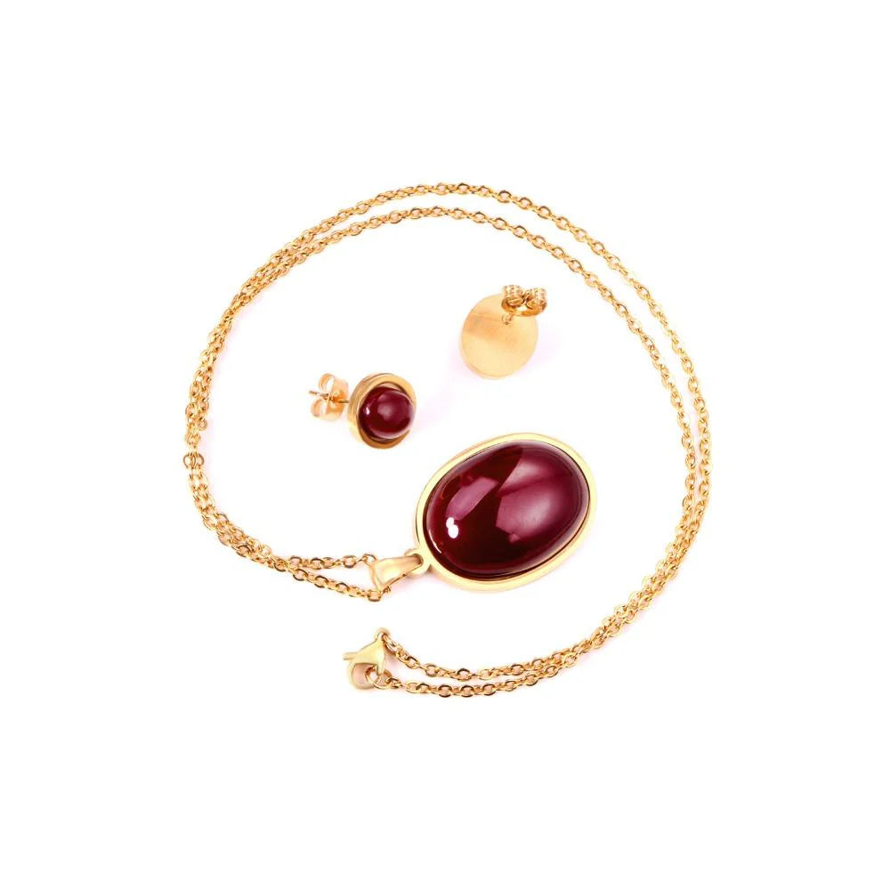 Burgundy Stones Gold-Tone Necklace & Earring Set