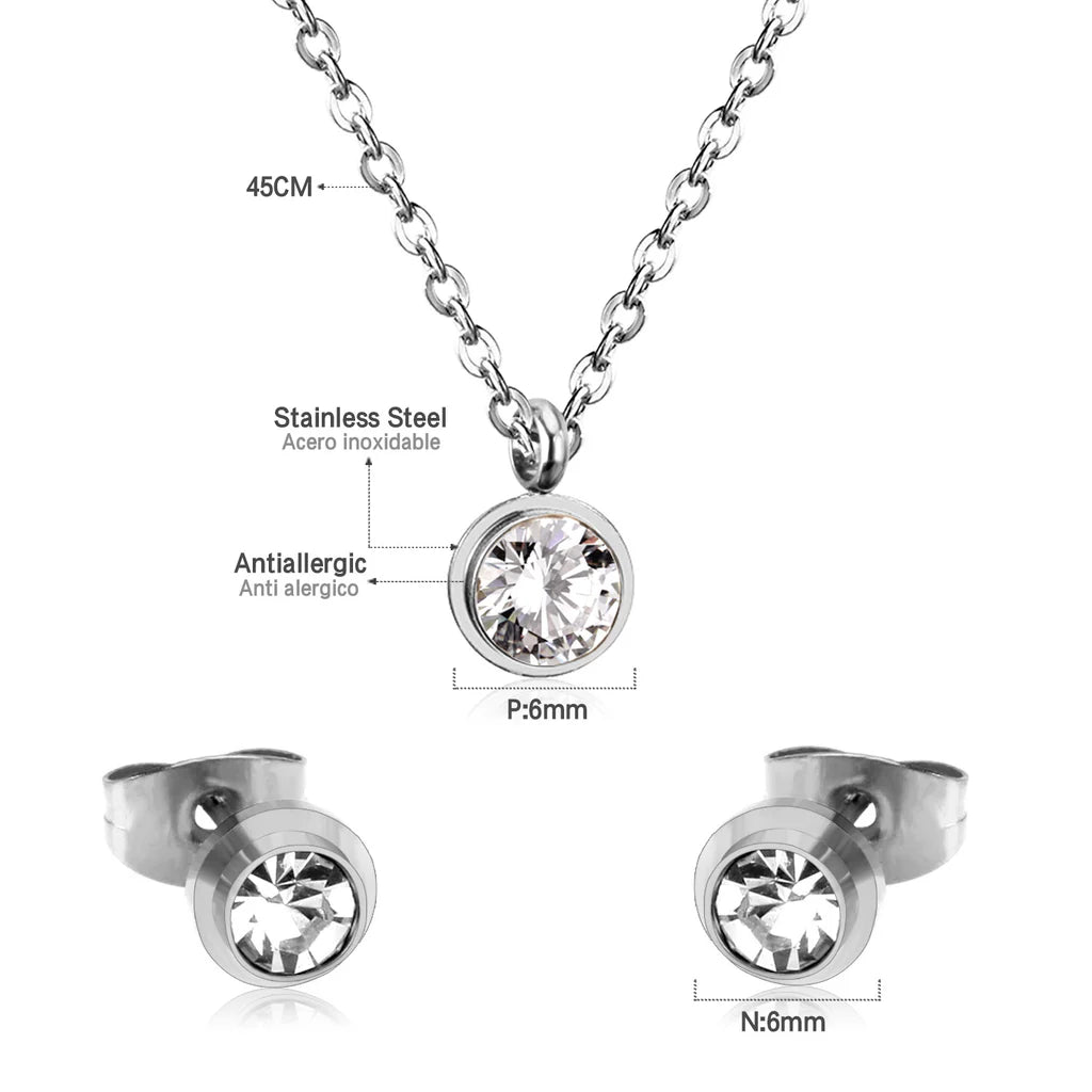 Clear Round-Cut Stones Stainless-Steel Necklace & Earring Set