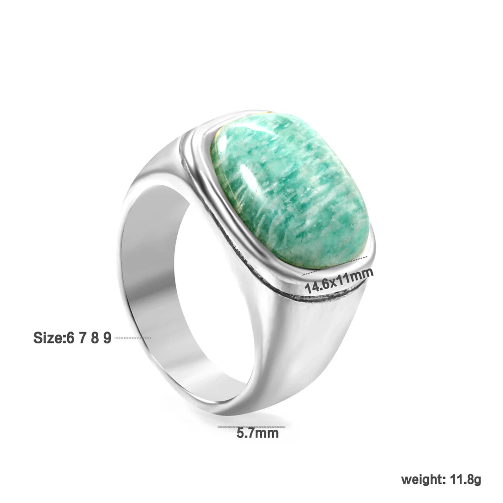 Chunky Silver-Look Ring with Green-Blue Stone