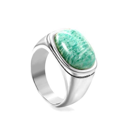 Chunky Silver-Look Ring with Green-Blue Stone