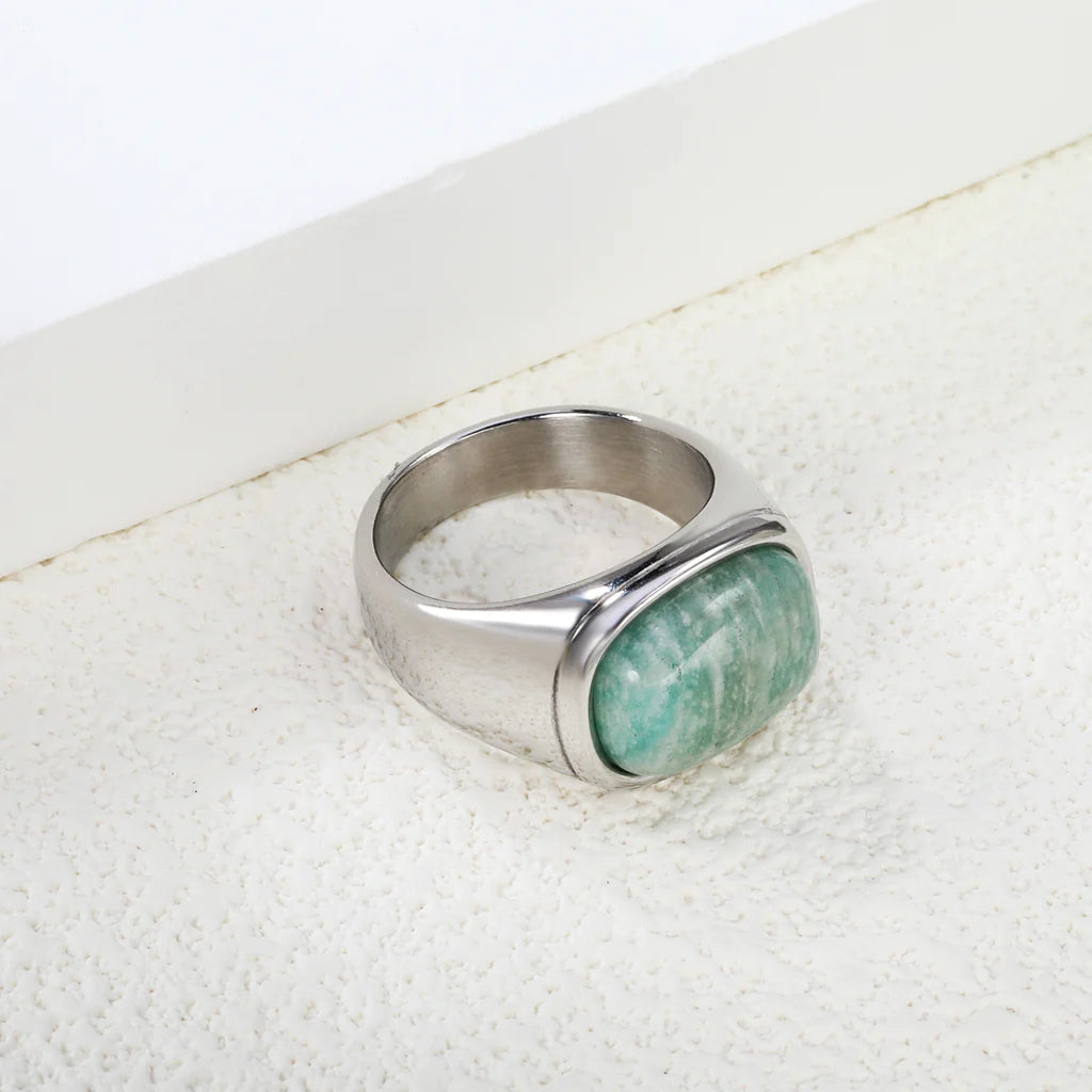 Chunky Silver-Look Ring with Green-Blue Stone