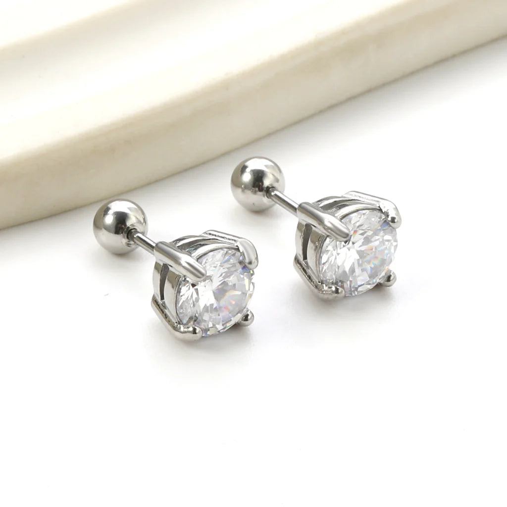 Silver-Toned Round Clear Stone Stud Earrings