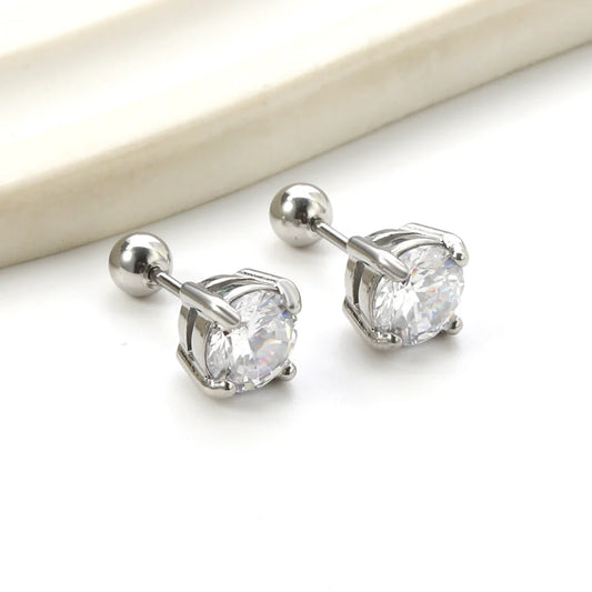Silver-Toned Round Clear Stone Stud Earrings