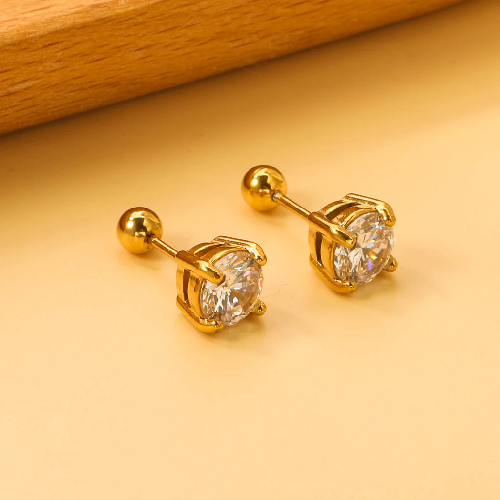 Gold-Toned Round Clear Stone Stud Earrings