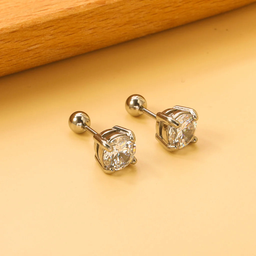 Silver-Toned Round Clear Stone Stud Earrings