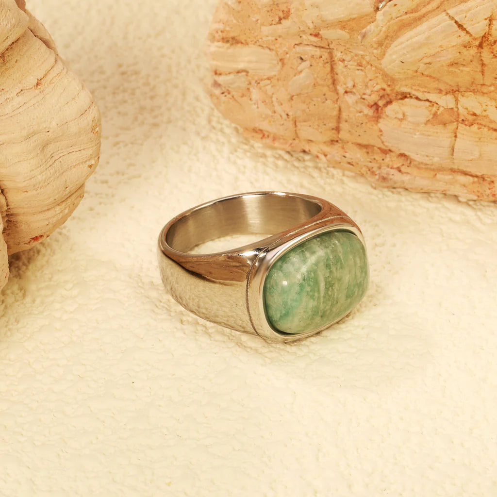 Chunky Silver-Look Ring with Green-Blue Stone
