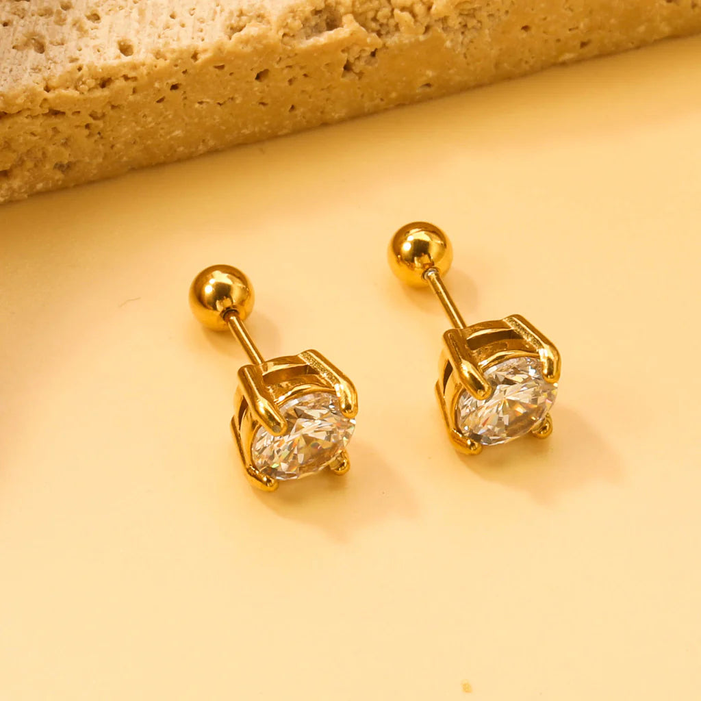 Gold-Toned Round Clear Stone Stud Earrings