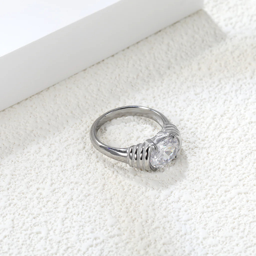 Silver-Toned Ring with Brilliant-Cut Stone