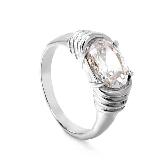 Silver-Toned Ring with Brilliant-Cut Stone