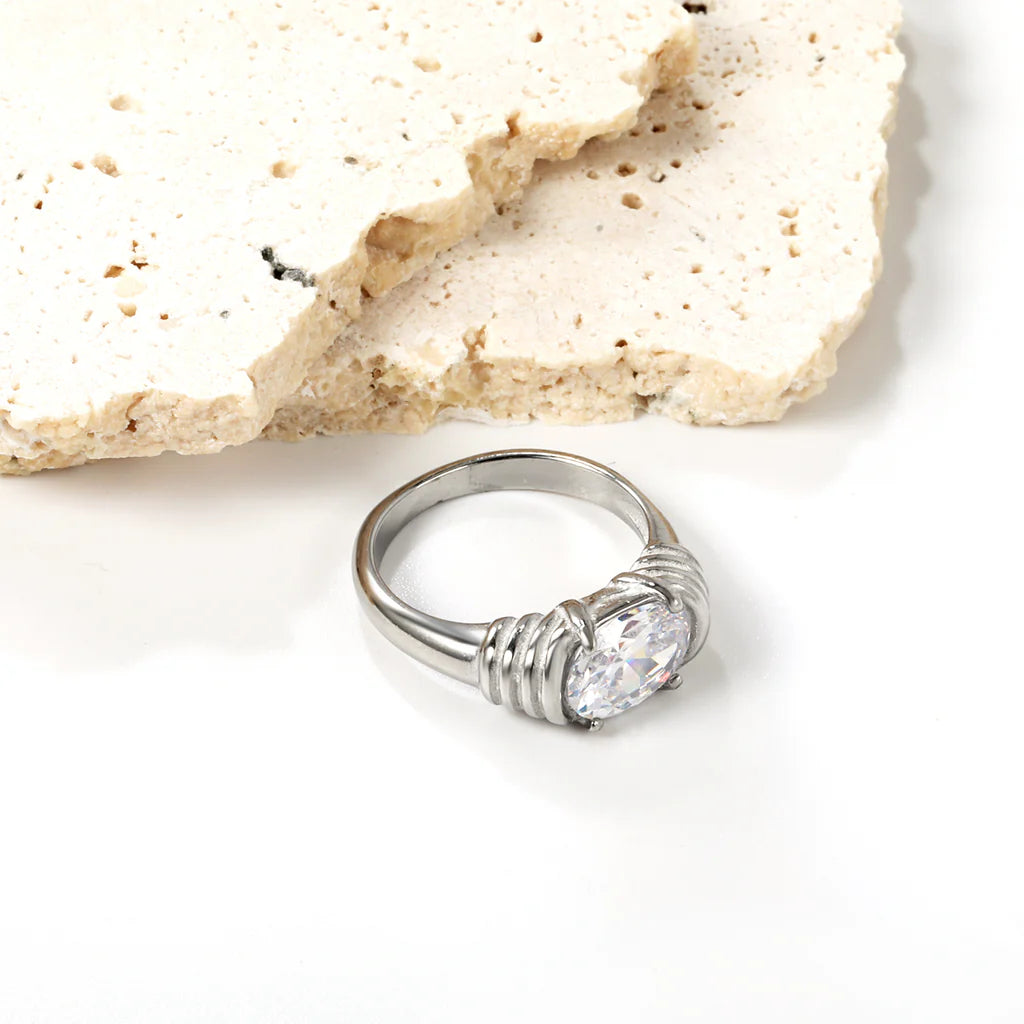 Silver-Toned Ring with Brilliant-Cut Stone