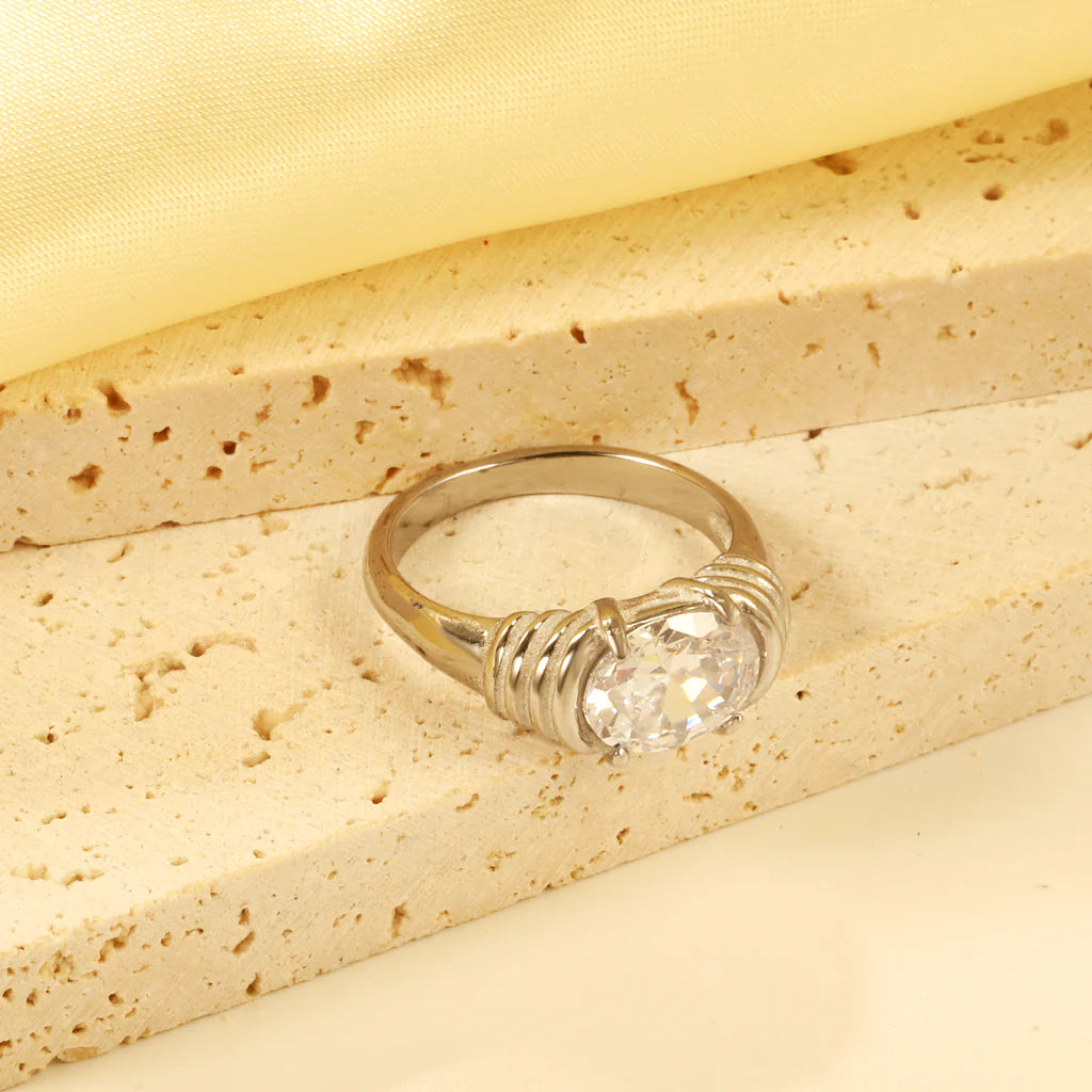 Silver-Toned Ring with Brilliant-Cut Stone
