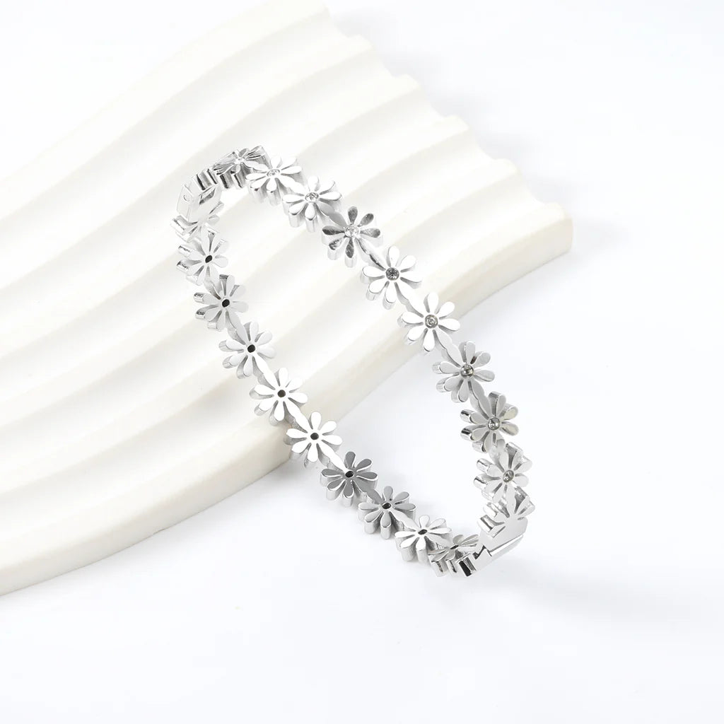 Silver Flower-Linked Crystal Bracelet