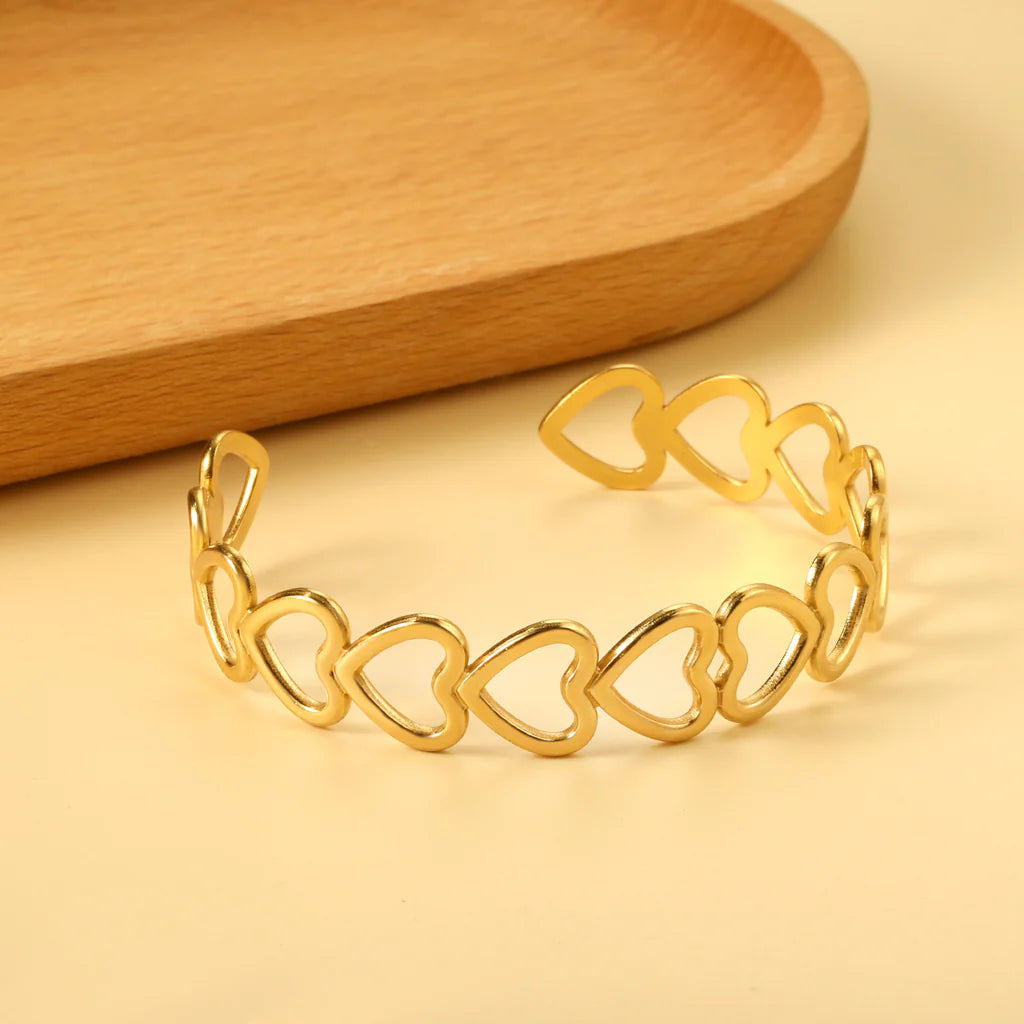 Interconnected Heart Links Gold Cuff Bracelet