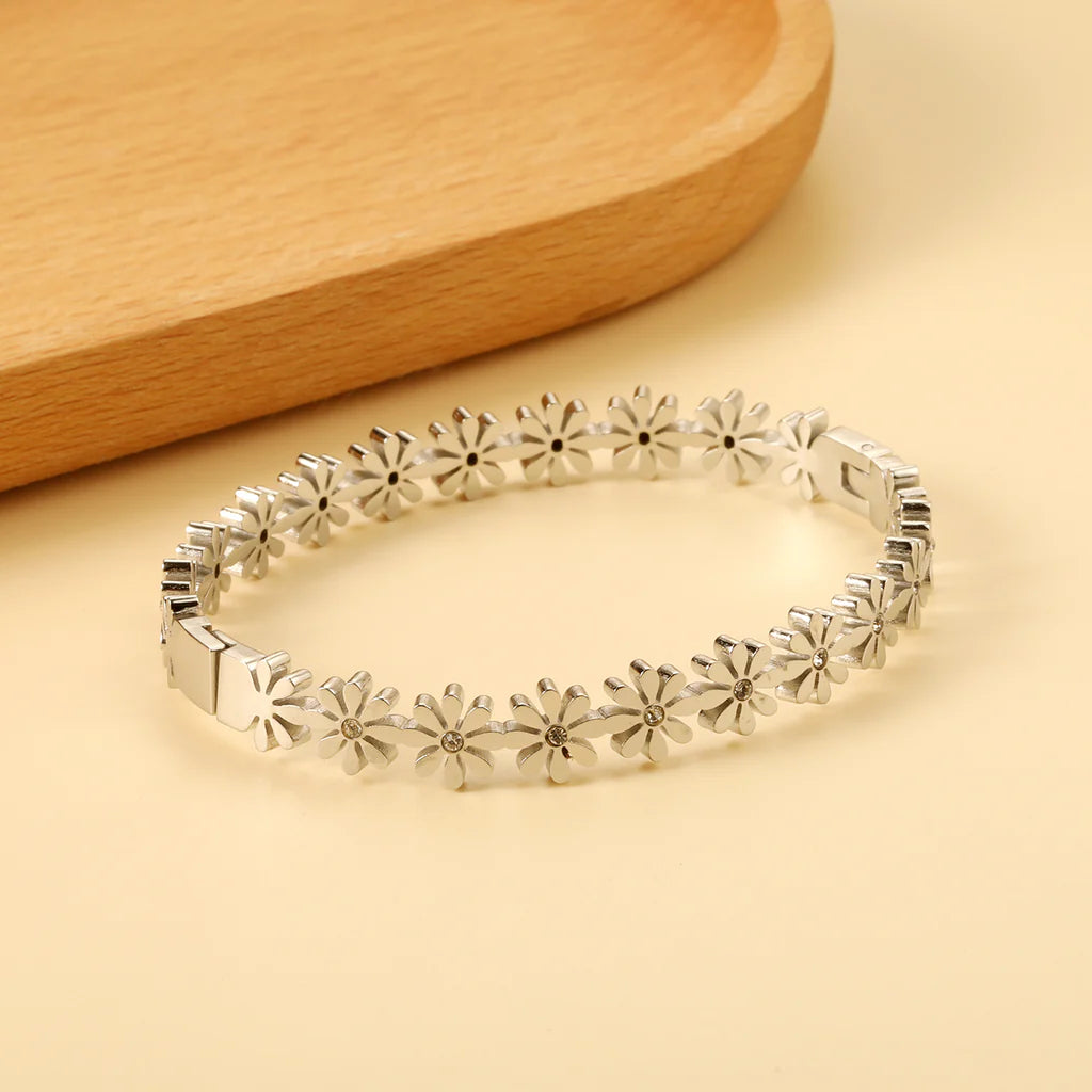 Silver Flower-Linked Crystal Bracelet
