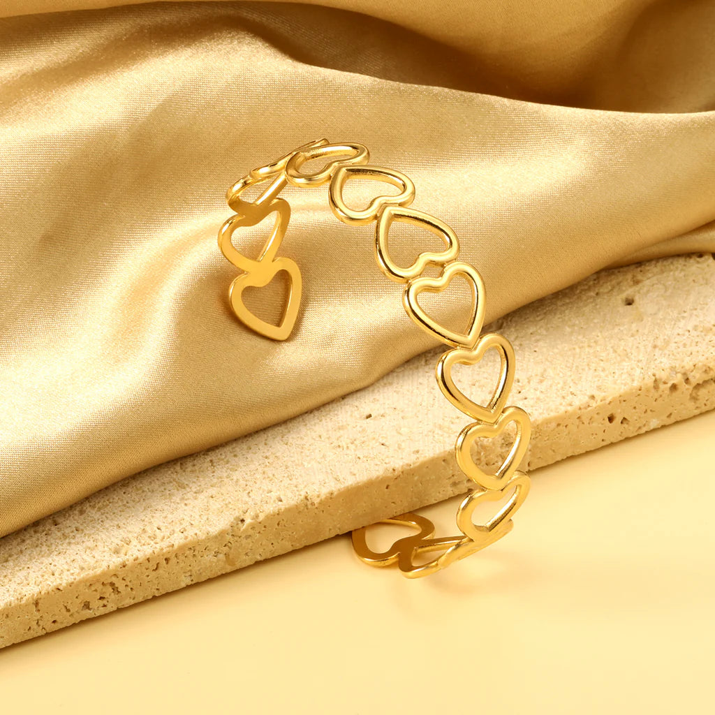 Interconnected Heart Links Gold Cuff Bracelet