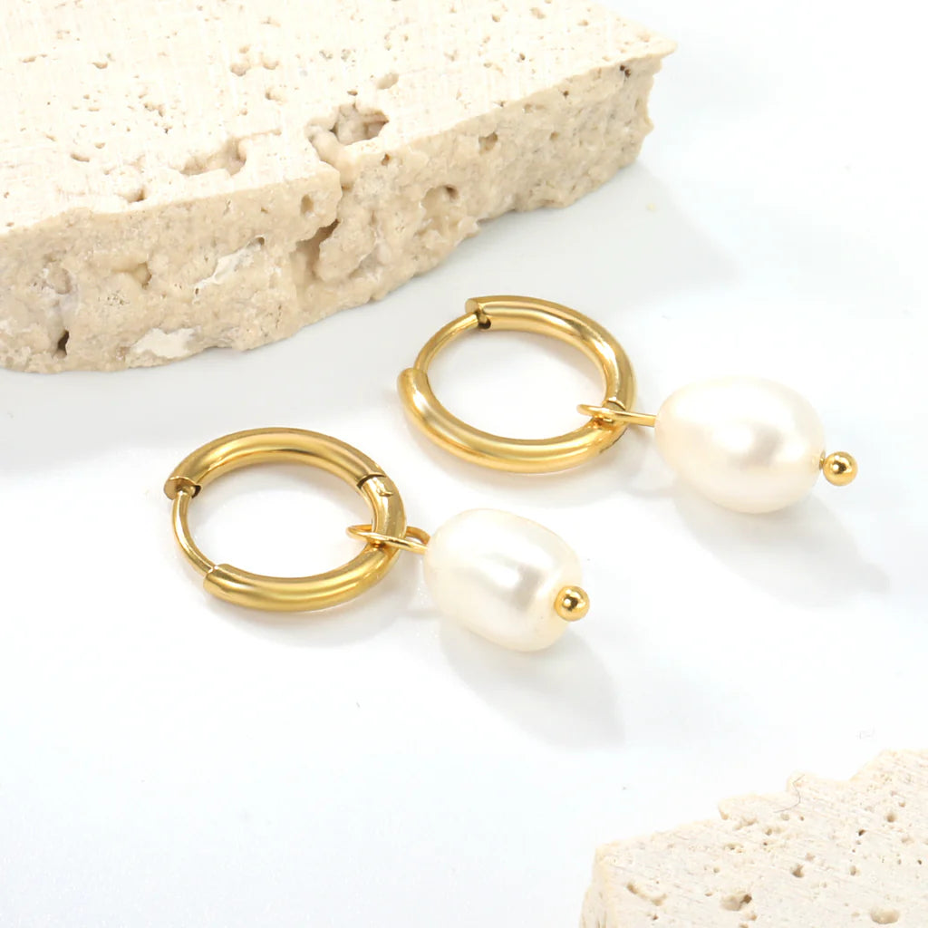 Small Golden Hoop Earrings with Baroque Pearls