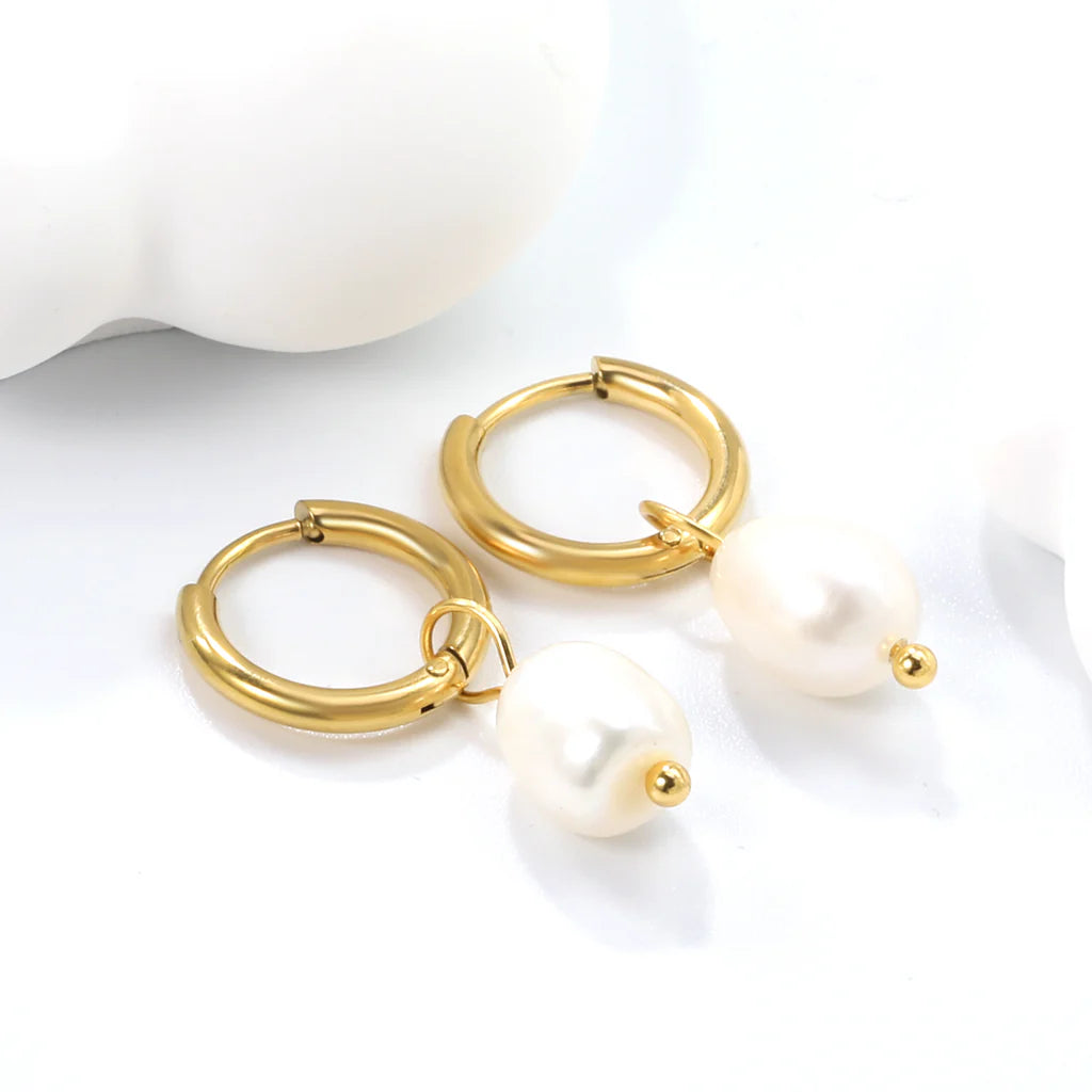 Small Golden Hoop Earrings with Baroque Pearls