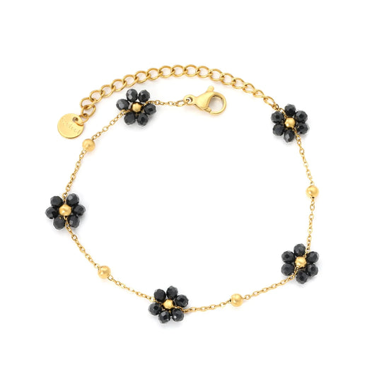 Black Flower Bead Charm Bracelet
