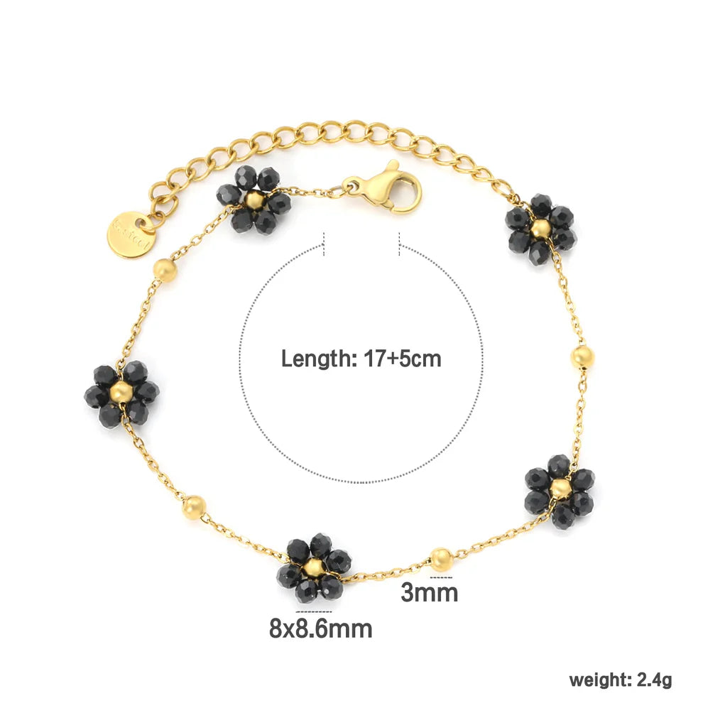 Black Flower Bead Charm Bracelet