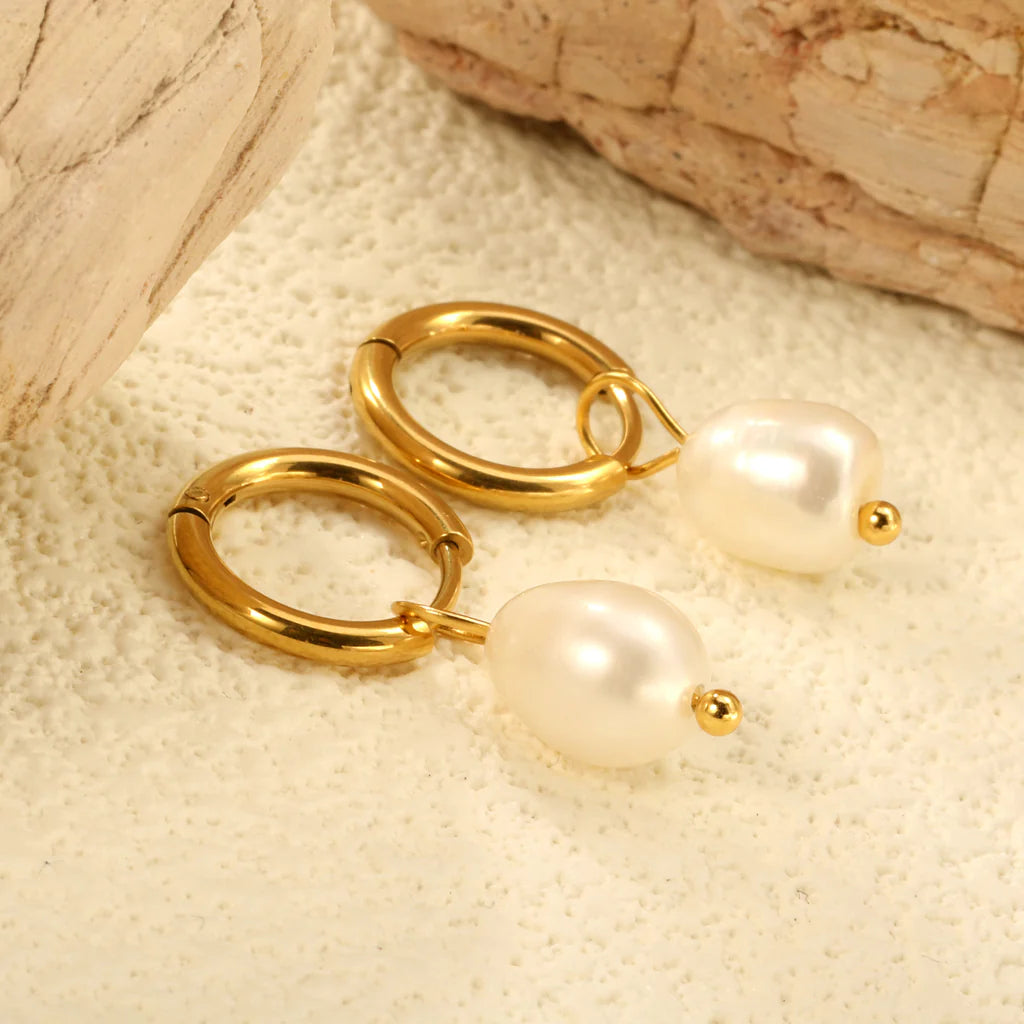 Small Golden Hoop Earrings with Baroque Pearls