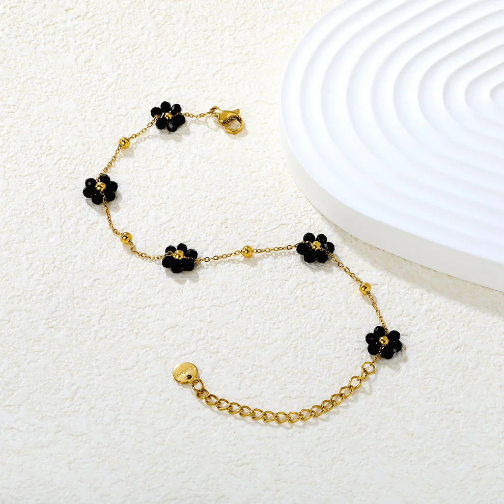 Black Flower Bead Charm Bracelet