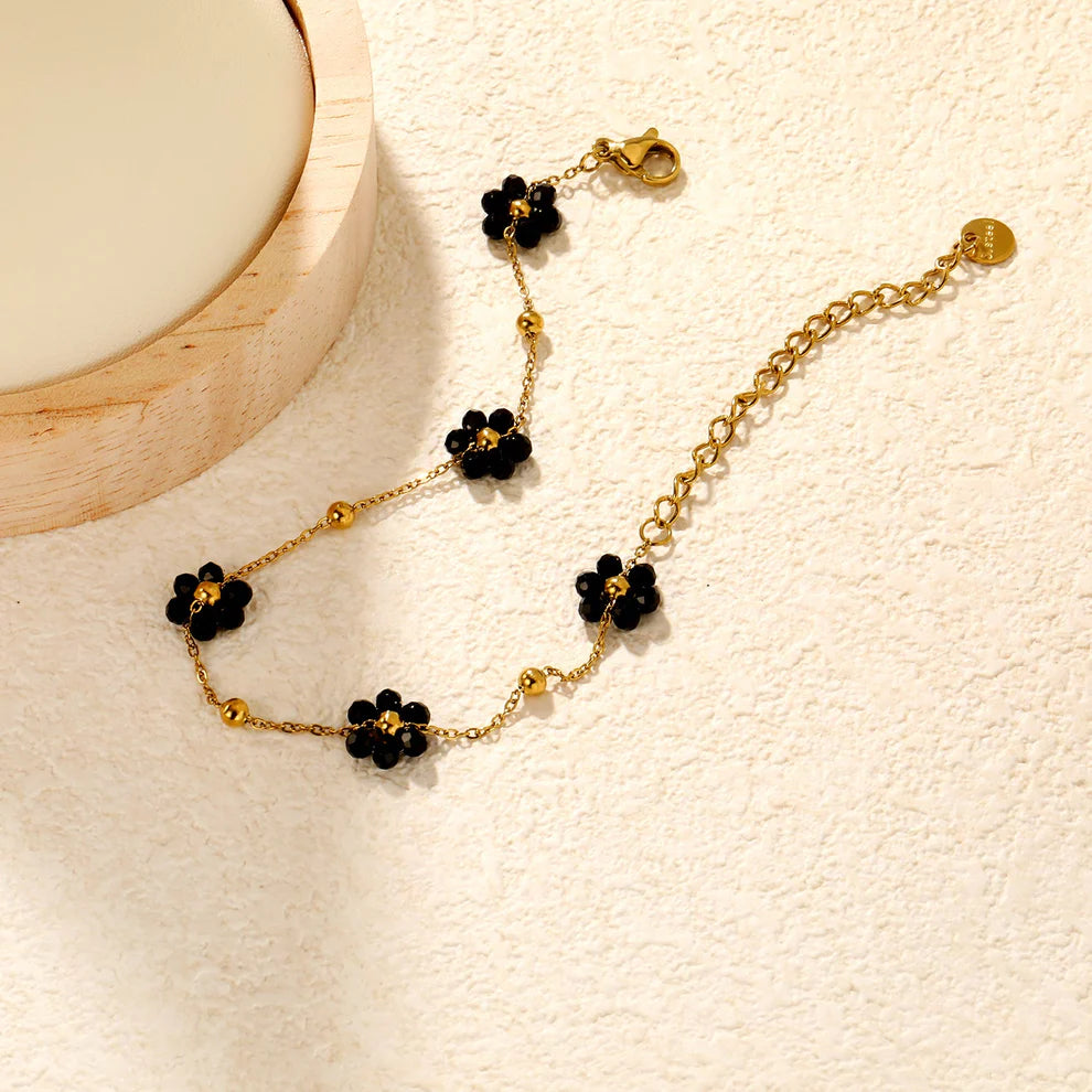 Black Flower Bead Charm Bracelet