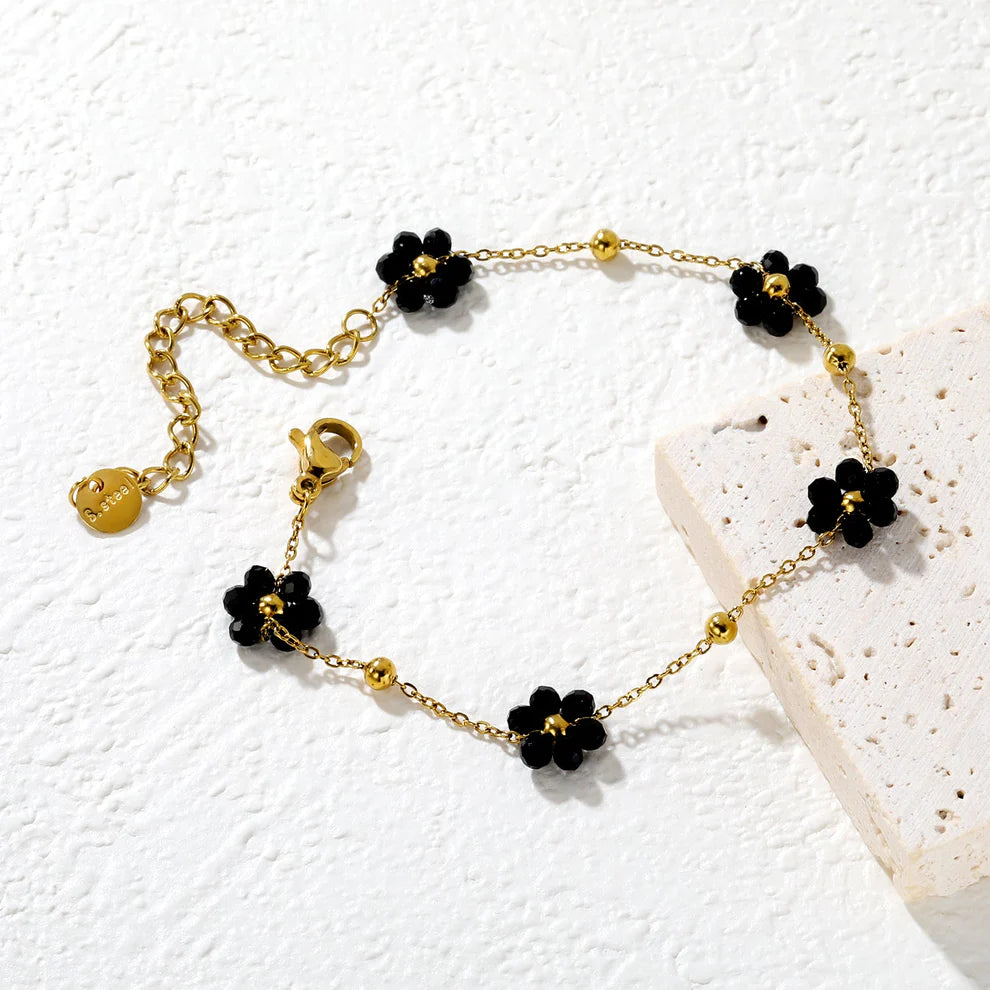 Black Flower Bead Charm Bracelet