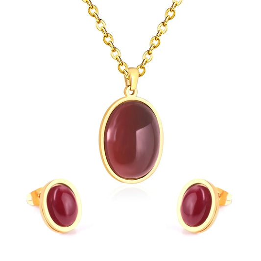 Burgundy Stones Gold-Tone Necklace & Earring Set