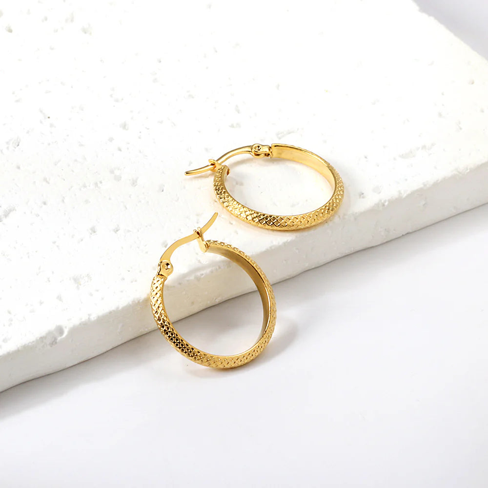 Small Rigid Golden Hoop Earrings (Basket-Weave Texture)