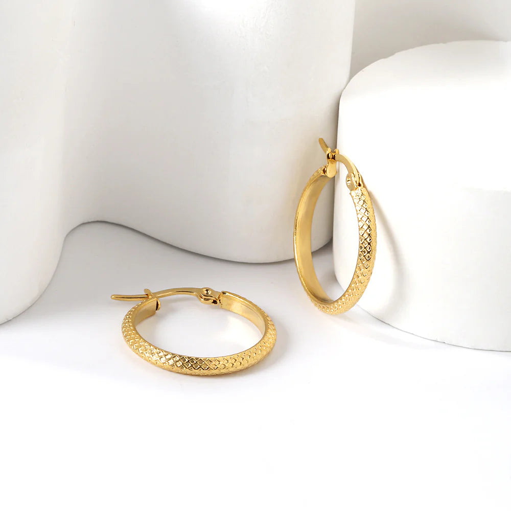 Small Rigid Golden Hoop Earrings (Basket-Weave Texture)