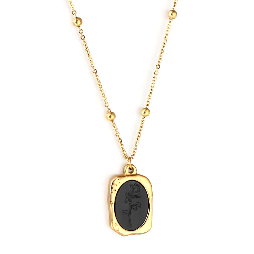 Black Oval Rose Pendant Necklace