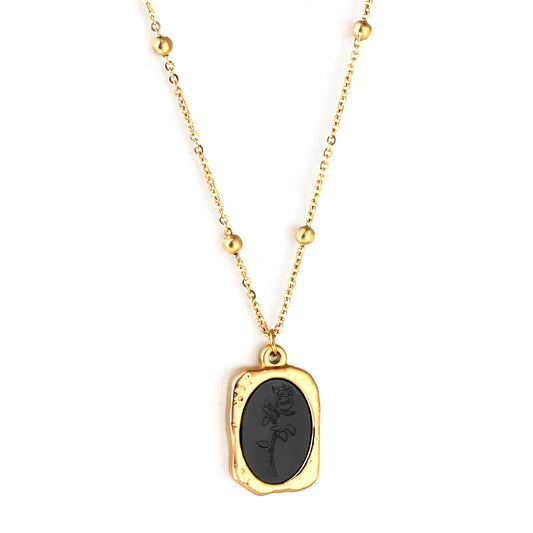 Black Oval Rose Pendant Necklace