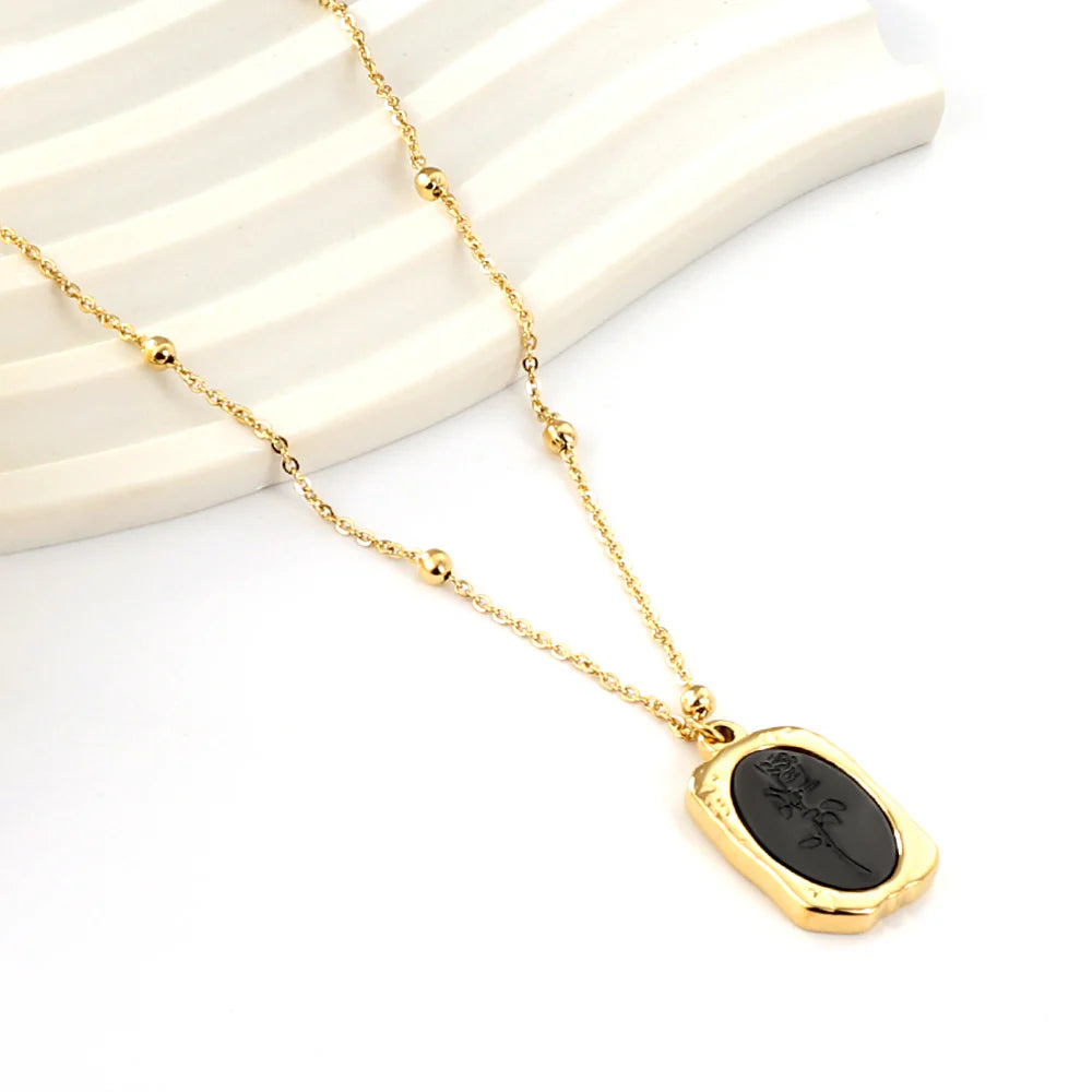 Black Oval Rose Pendant Necklace