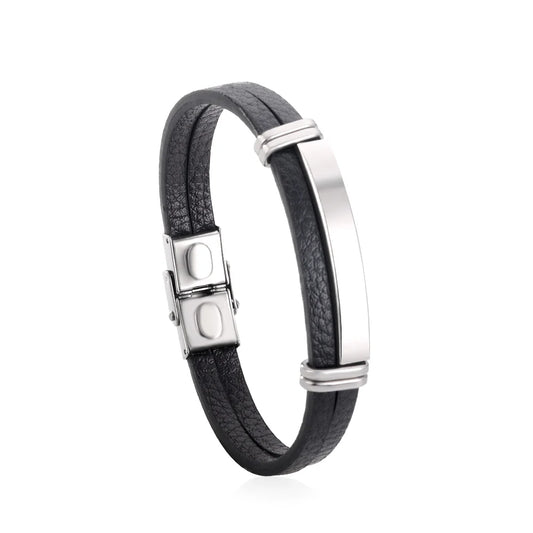 Black Leather & Stainless-Steel Bracelet