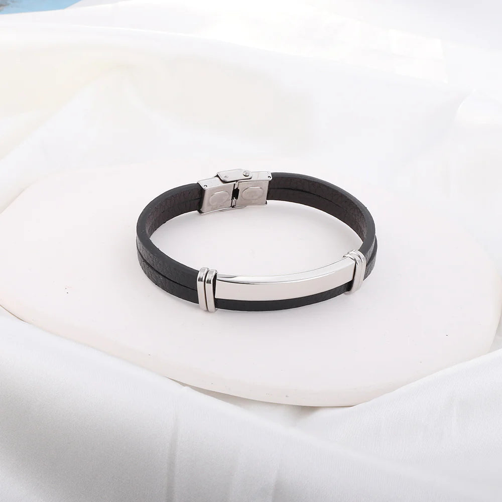 Black Leather & Stainless-Steel Bracelet