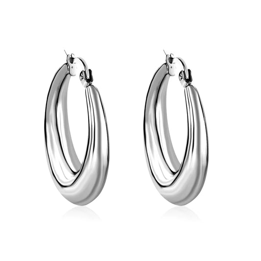 Bold Silver-Toned Hollow Oval Hoop Earrings