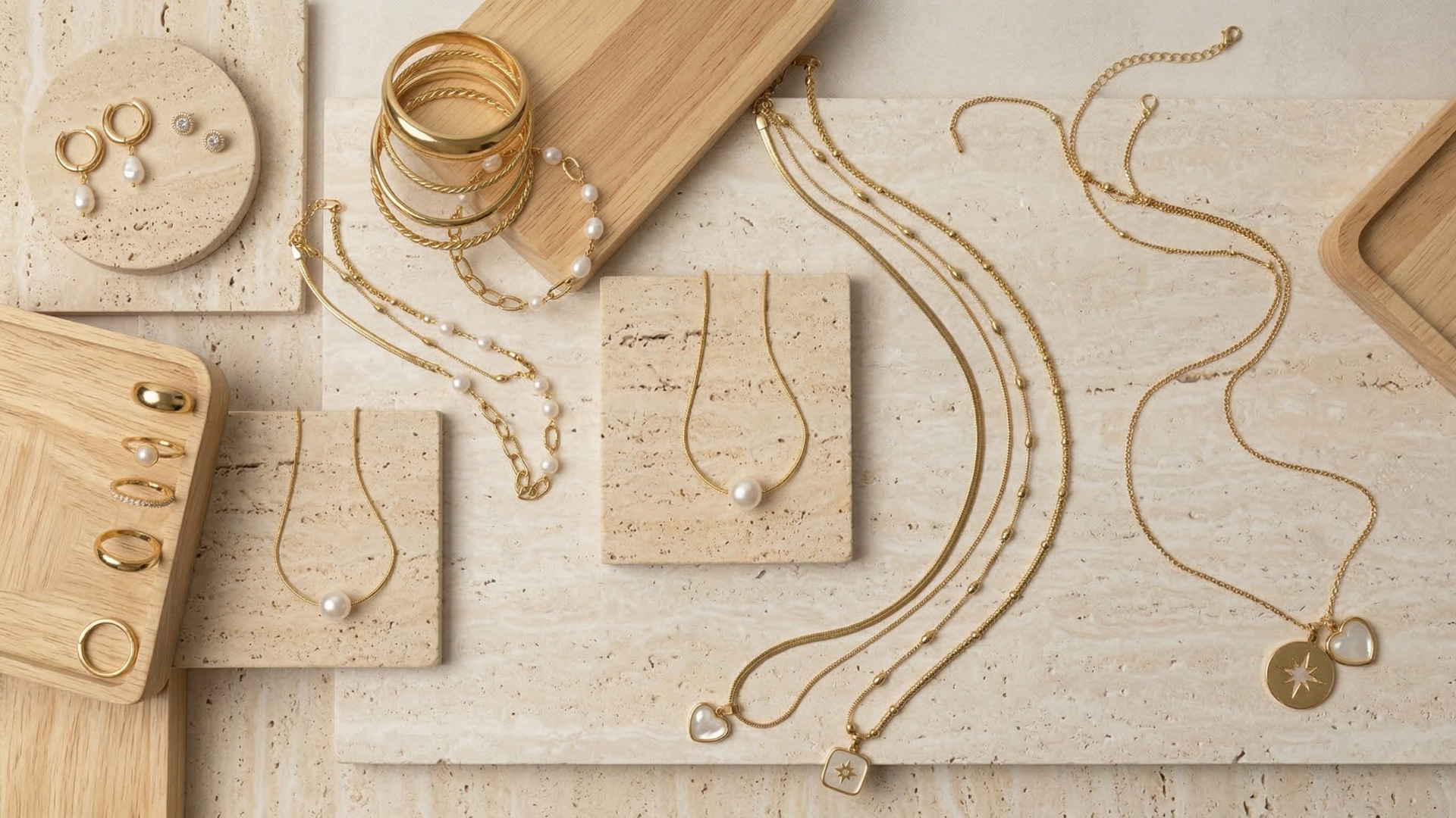 Gold-plated necklaces, rings and earrings arranged on a warm neutral surface
