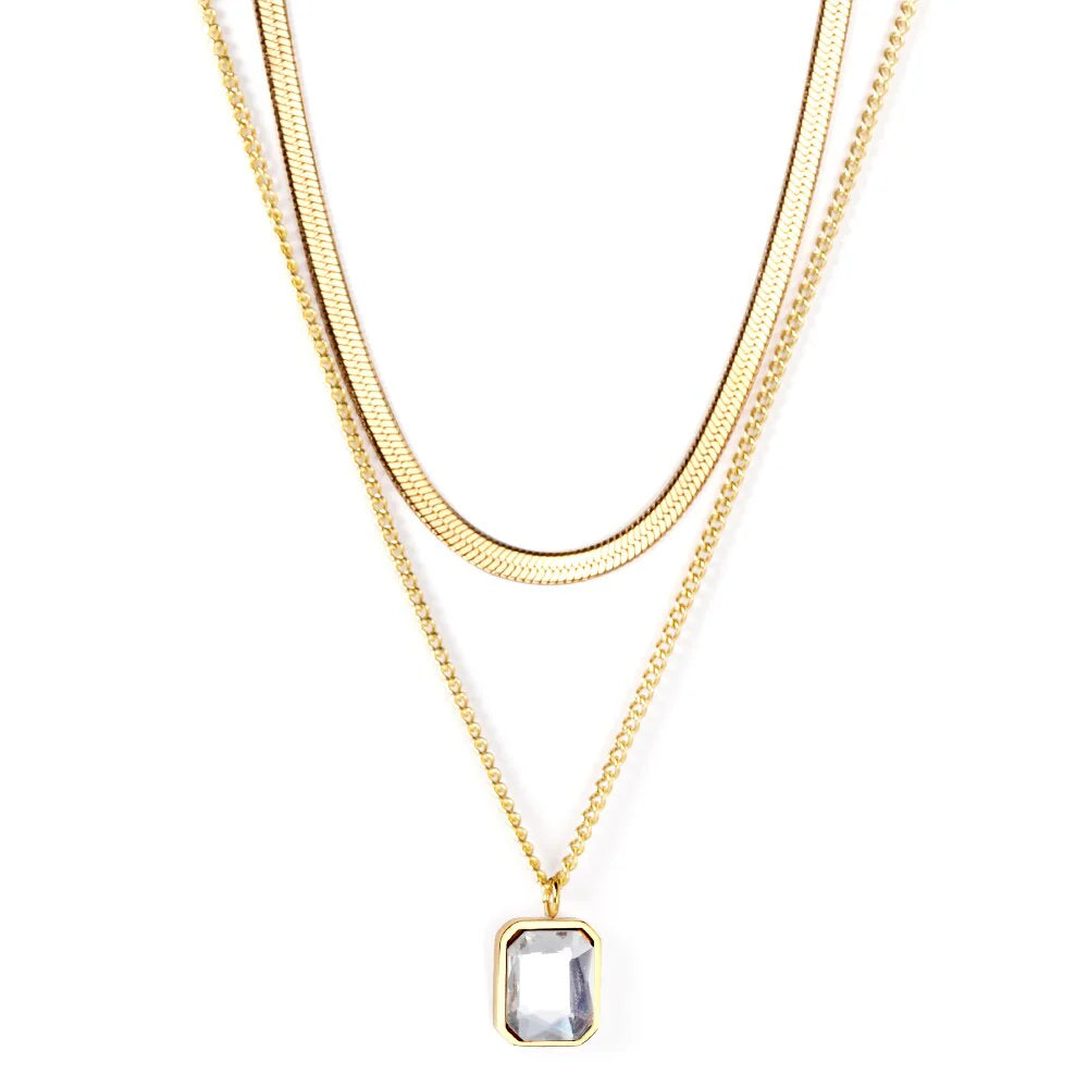 Rectangular Crystal Pendant Layered Necklace