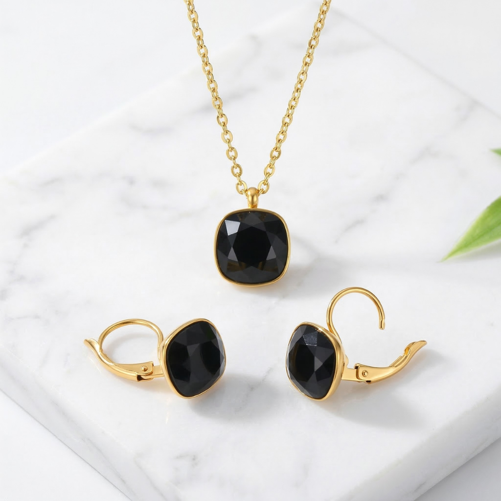 Black Cushion-Cut Gold-Tone Necklace & Earring Set