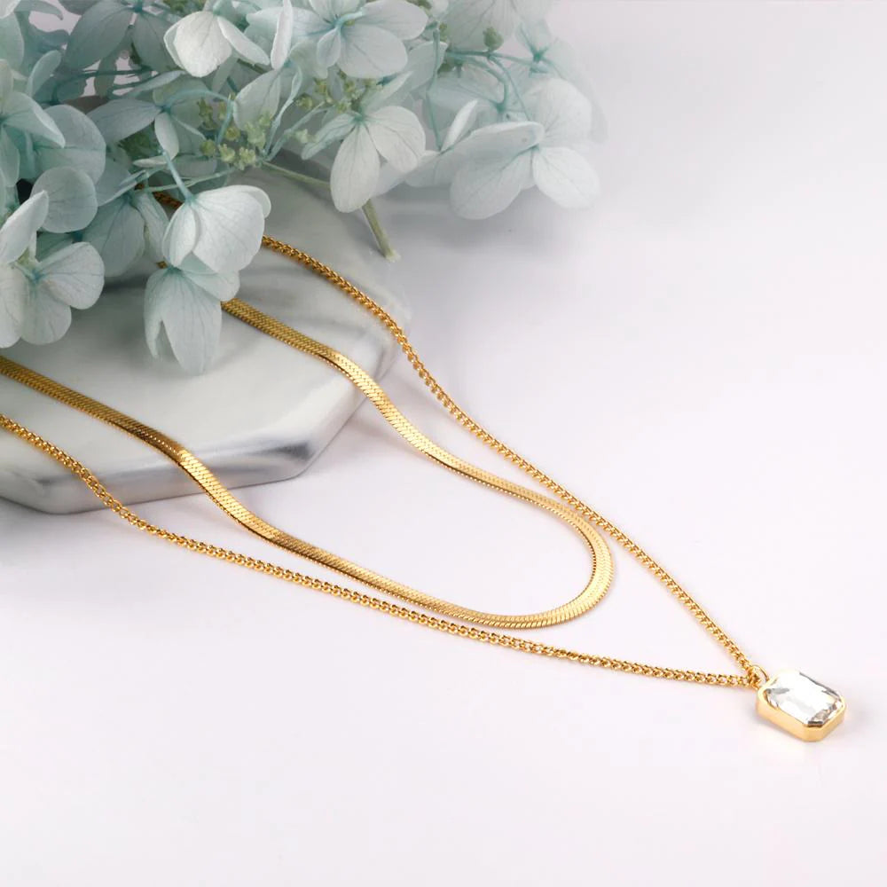 Rectangular Crystal Pendant Layered Necklace