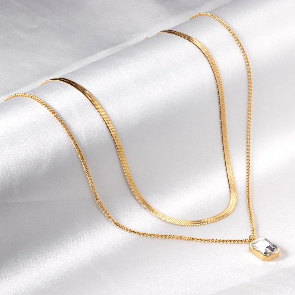 Rectangular Crystal Pendant Layered Necklace