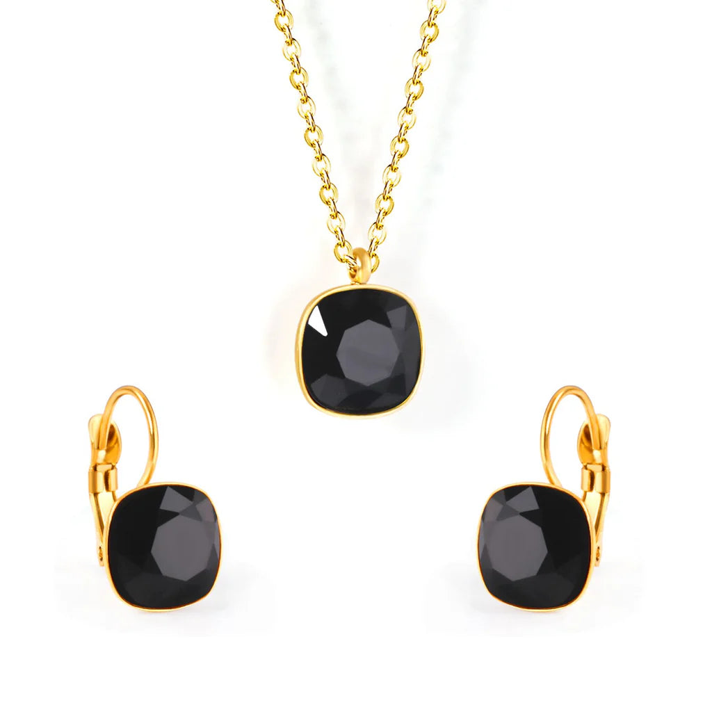 Black Cushion-Cut Gold-Tone Necklace & Earring Set