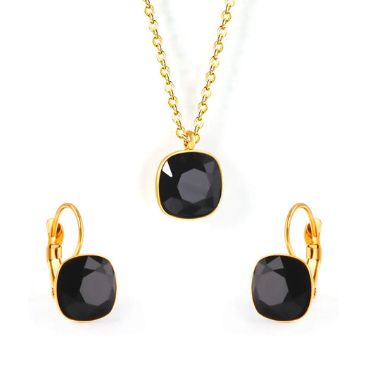 Black Cushion-Cut Gold-Tone Necklace & Earring Set