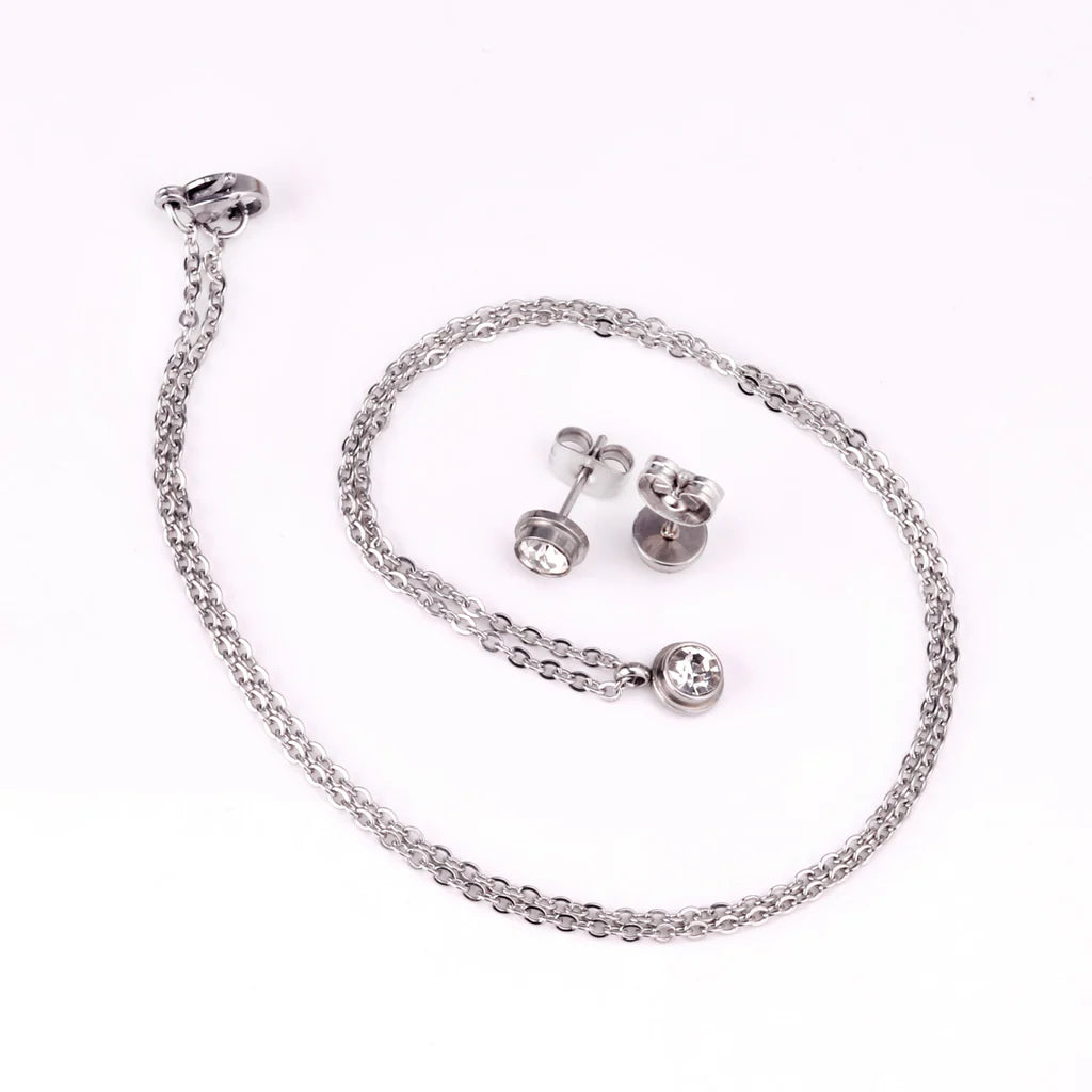 Clear Round-Cut Stones Stainless-Steel Necklace & Earring Set