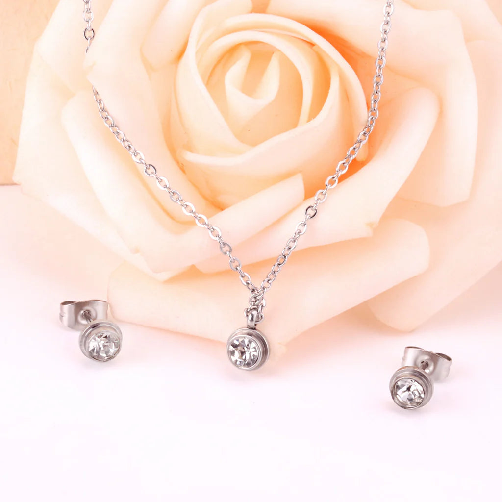 Clear Round-Cut Stones Stainless-Steel Necklace & Earring Set