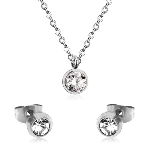Clear Round-Cut Stones Stainless-Steel Necklace & Earring Set