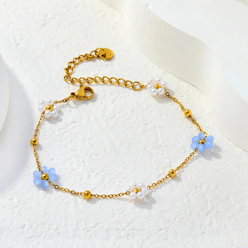 Pearl & Blue Floral Charm Bracelet