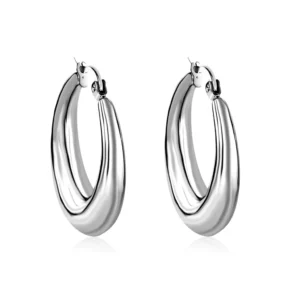 Bold Silver-Toned Hollow Oval Hoop Earrings